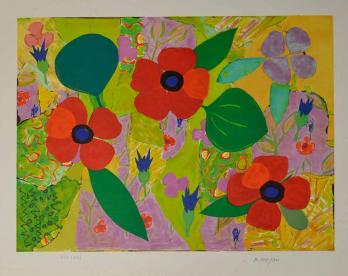 Michele MORGAN Fleurs rouges Lithographie Post War Modern