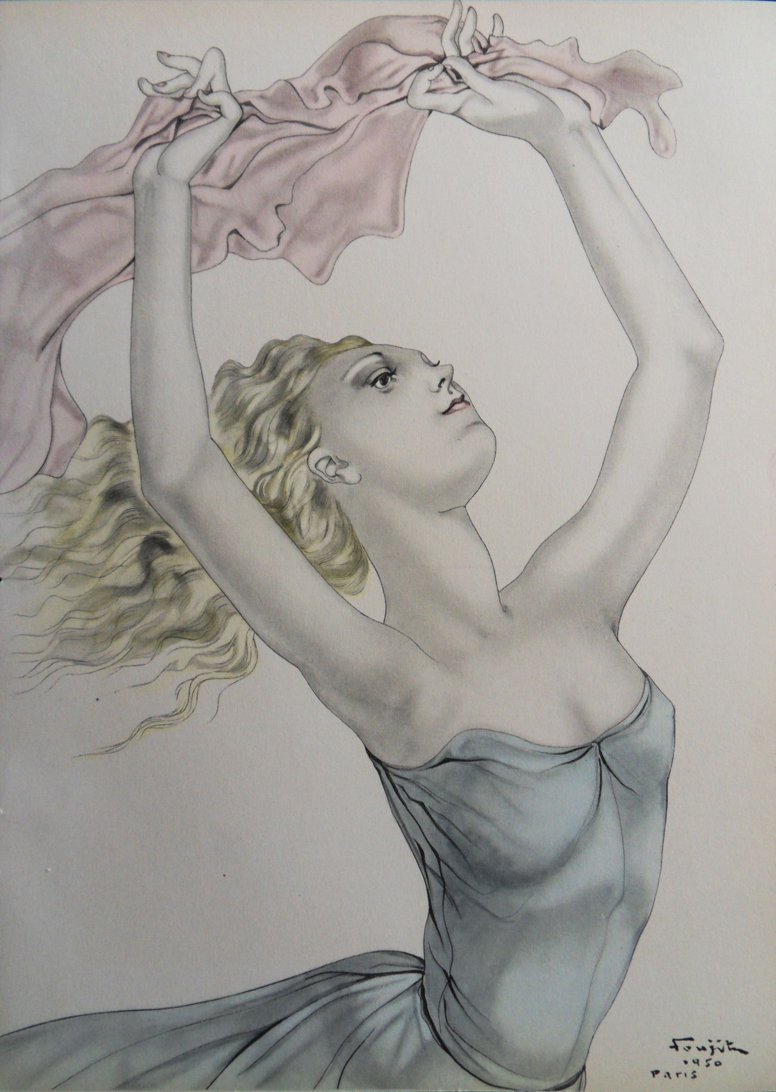 Tsuguharu FOUJITA - Dancer in a pink scarf, 1950 - Lithograph and