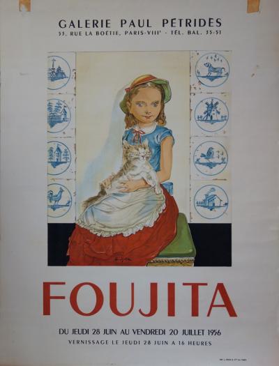 Léonard FOUJITA : Jeune-fille avec un chat - Lithographie originale Signée, 1956 2