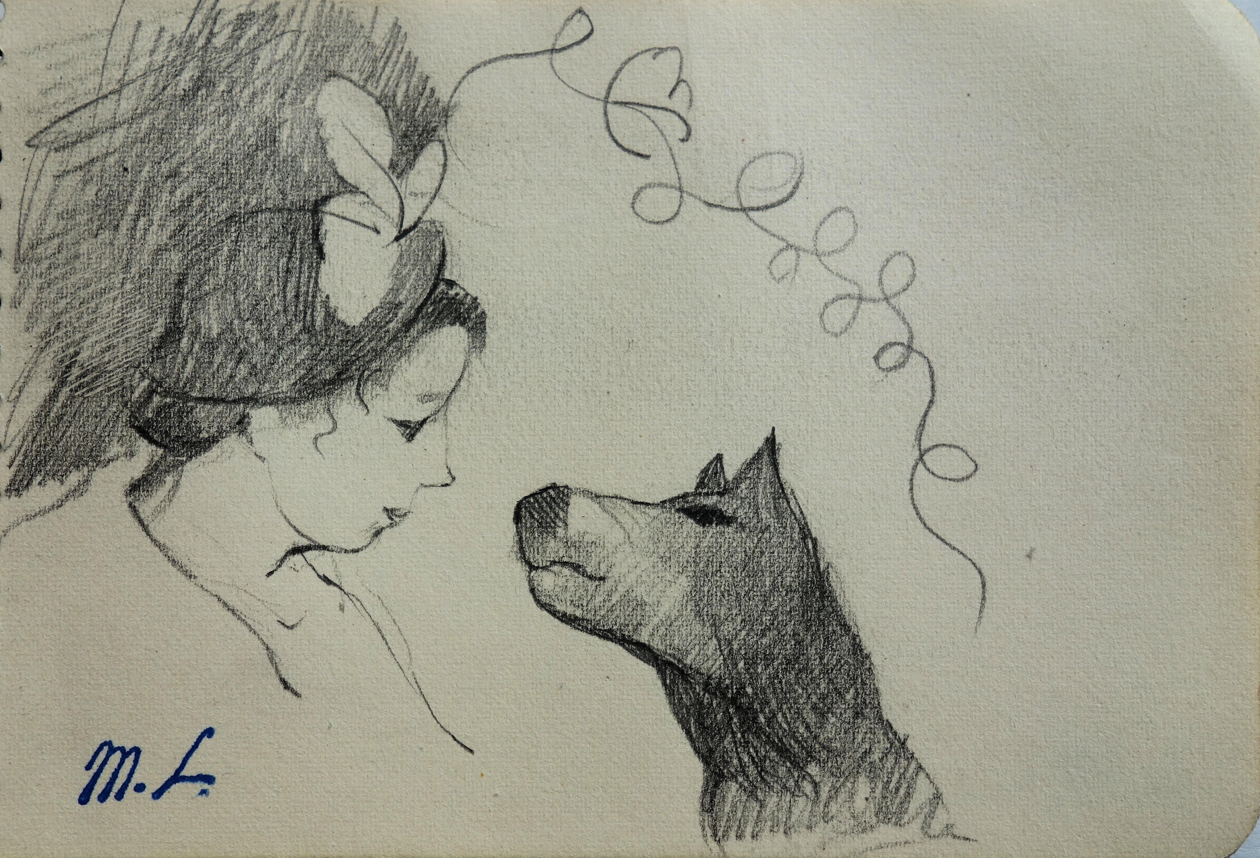 Marie LAURENCIN - Young girl and dog, Original signed drawing