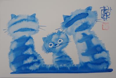 Laszlo Tibay Famille De Chat Et Son Chaton Dessin Original A L Encre Signe Post War Modern Art Plazzart