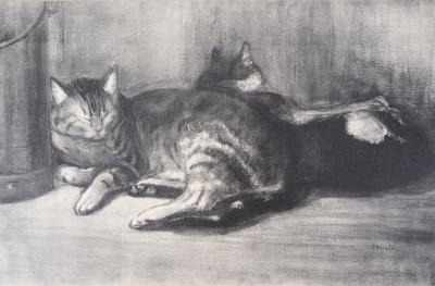 Original Fine Art Etching, 2 outlets cats sleeping