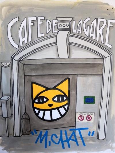 M Chat Thoma Vuille Cafe De La Gare Acrylic On Paper Signed With Marker Street Art Plazzart