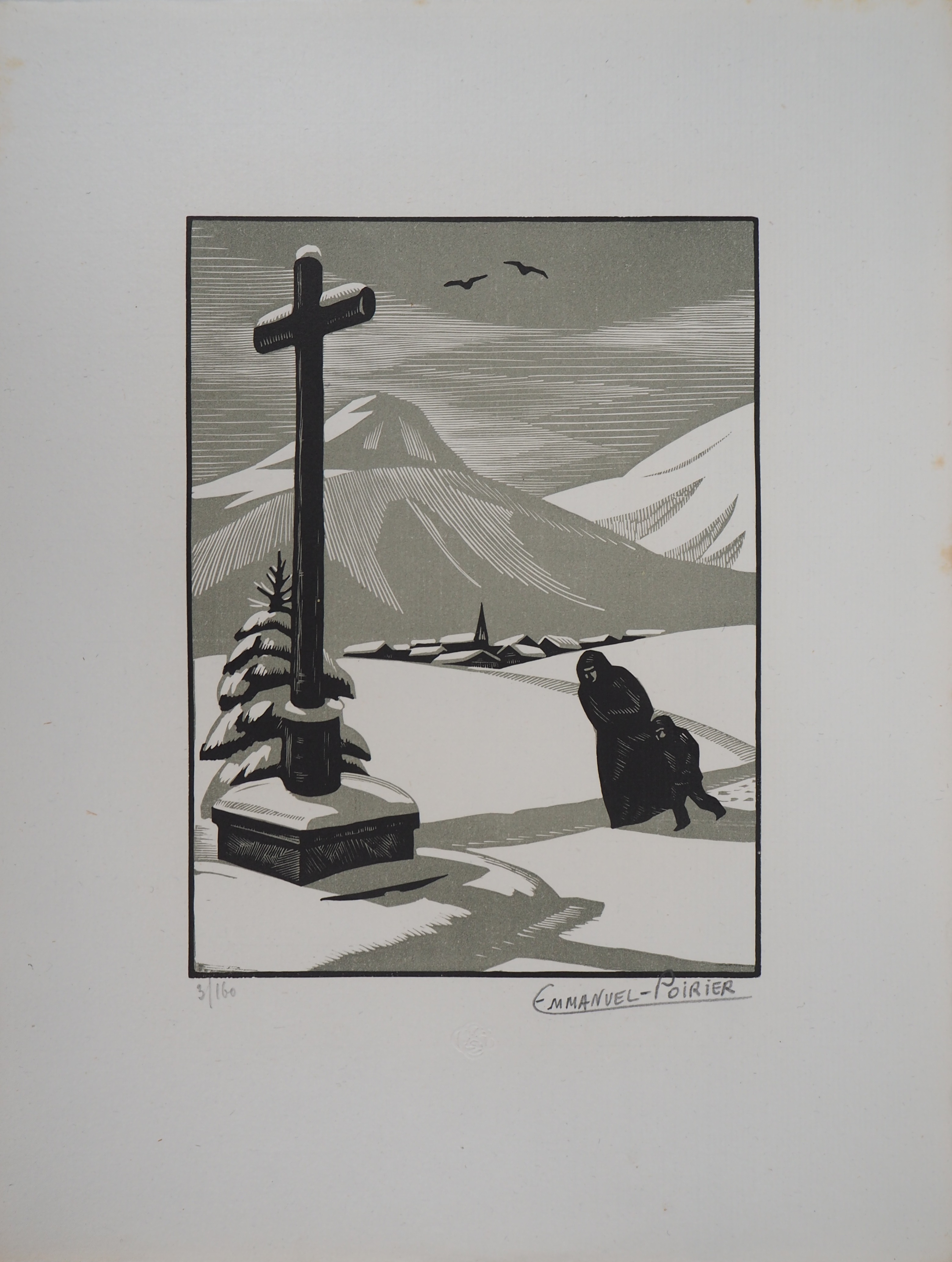 Emmanuel POIRIER: Le calvaire - 1929 - Original signed woodcut - Post War &  Modern Art - Plazzart