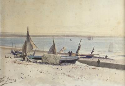 Edouard Etienne JOUAS (?) Sailboats at sea Watercolor 18…