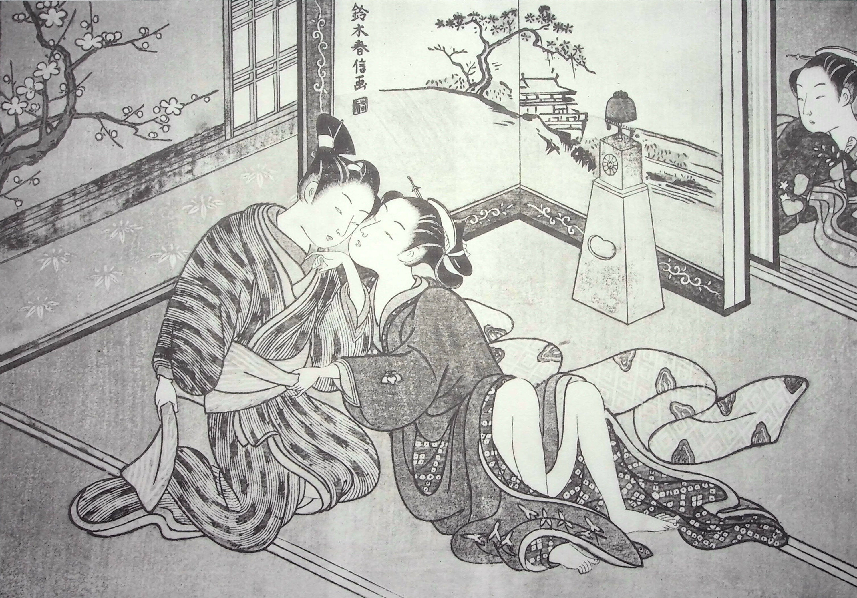 Suzuki HARUNOBU (después) Los dos amantes y el voyeur, 1961 - Litografía erótica - Arte asiático