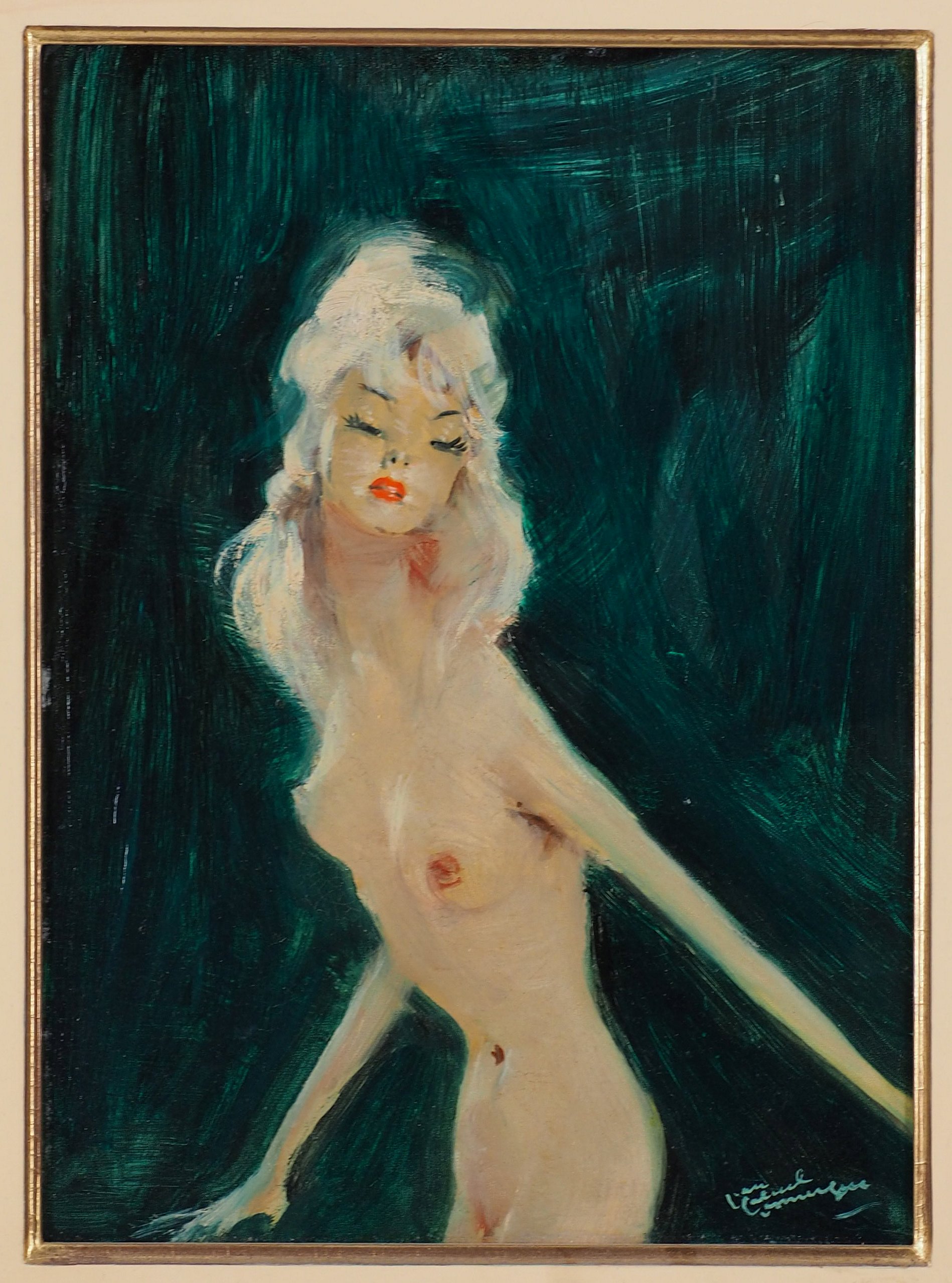 Jean-Gabriel DOMERGUE - Willy, nude on green background - Oil on panel -  Signed - Post War & Modern Art - Plazzart