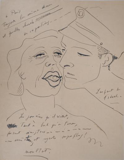 Francis PICABIA - Couple: the kiss, 1949 - Original signed ink drawing