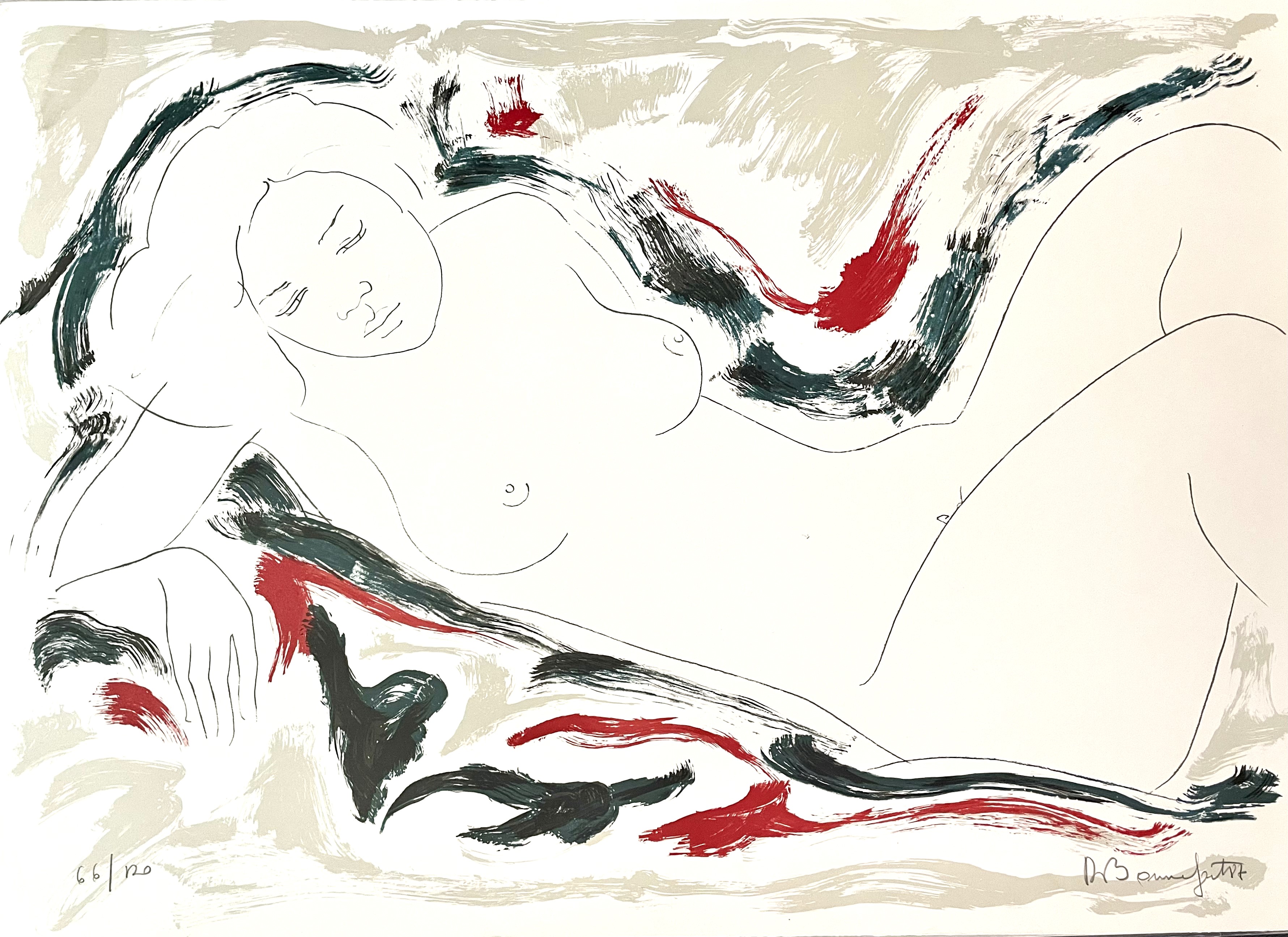 Alain Bonnefoit - Reclining nude on a black and red background, 1987 -  original lithograph - Contemporary Art - Plazzart