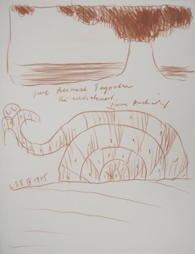 Pierre ALECHINSKY: Ammonite and erupting volcano - Original drawing Signed